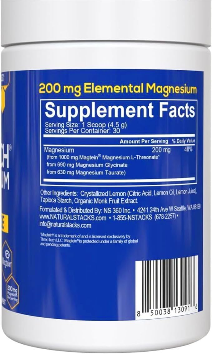 Magtein Magnesium L-Threonate Glycinate &amp Taurate - MagTech Magnesium Powder - Sugar Free Lemonade Drink - 200mg Chelated Triple Complex - Supports Relaxation &amp Brain Health* - 30 Servings