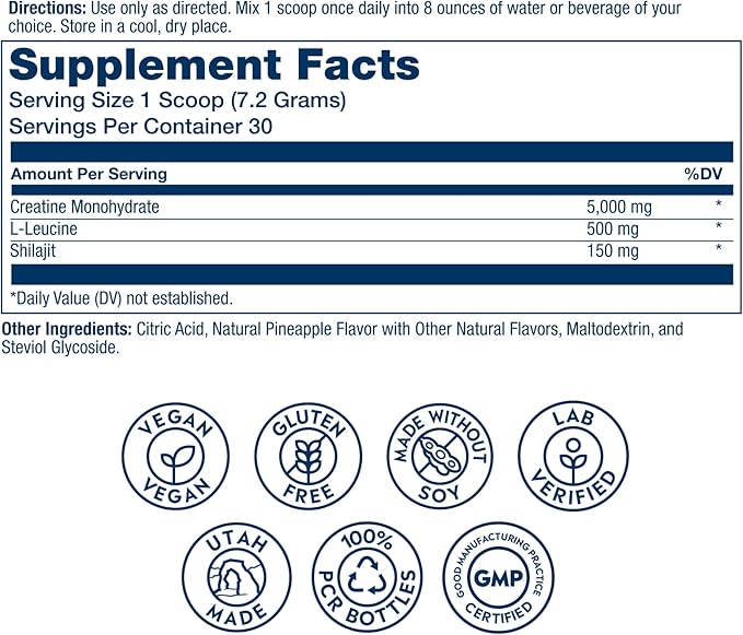 SOLARAY Creatine with Shilajit – Muscle Power and Growth Support with Creatine Monohydrate and L-Leucine Amino Acids – Natural Pineapple Flavor – Vegan Gluten Free – 30 Servings 7.6 OZ