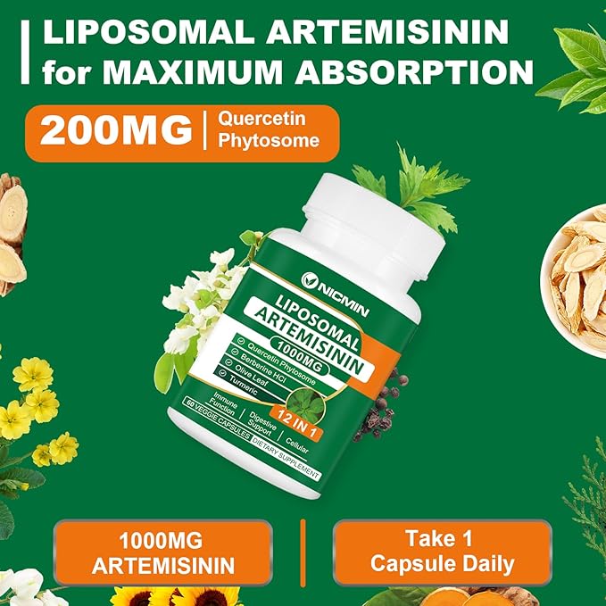 Liposomal Artemisinin Supplement 1000mg Sweet Wormwood Extract with 200mg Quercetin Phytosome Maximum Absorption for Antioxidant 180 Capsules