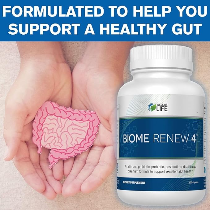 Well of Life Biome Renew 4 - All-in-one Digestive &amp Gut Health Formula - w/Digestive Enzymes Prebiotics &amp Probiotics for Healthy Gut Biome for Men and Women - Supports Gut Lining Gas &amp Bl