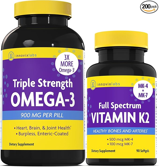 InnovixLabs Vitamin K2 &amp Triple Omega Bundle Full Spectrum Vitamin K2 (90 Softgels) Triple Strength Omega-3 Fish Oil (200 Softgels). Supports Healthy Bones Arteries and Joints. *