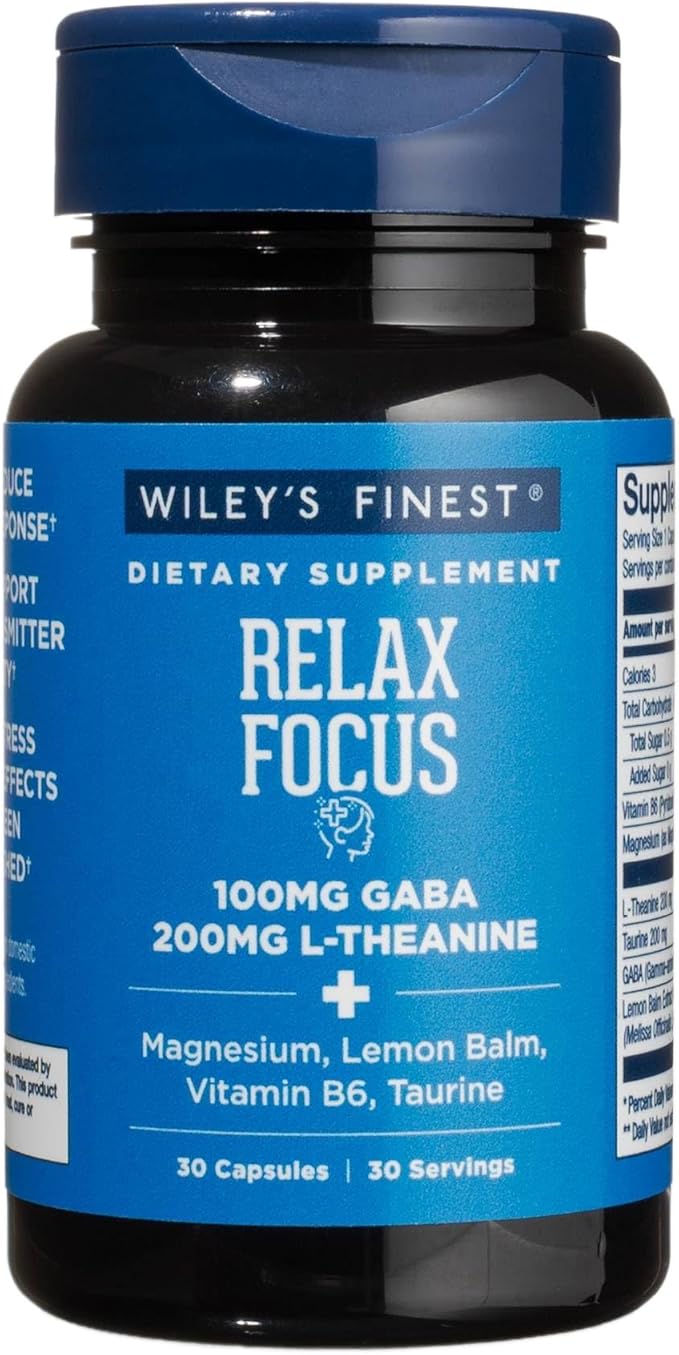 Wiley's Finest Relax Focus - Daily Supplement for Stress Support - Contains L-Theanine GABA Vitamin B6 &amp Magnesium - 30 Capsules (30 Servings)
