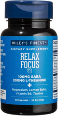 Wiley's Finest Relax Focus - Daily Supplement for Stress Support - Contains L-Theanine GABA Vitamin B6 &amp Magnesium - 30 Capsules (30 Servings)