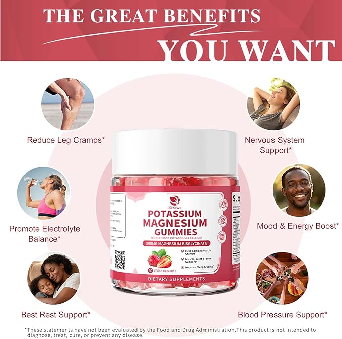 (2 Pack) Magnesium Potassium Supplement Gummies - New Formula Calm Magnesium Bisglycinate Gummies &amp Plant Potassium Plus Chia Seeds B6 D3 K2 &amp Calcium for Sleep Leg Cramps &amp Muscle -Ve