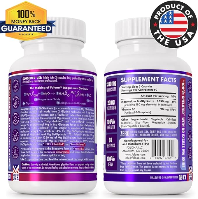 Folona Magnesium Glycinate with Vitamin B6 Research Proven to Enhance Absorption 1350mg Fully Chelated - Supports Sleep Stress Relief Energy Muscle Cramps - Gluten Free NonGMO 180 Vegan Capsules