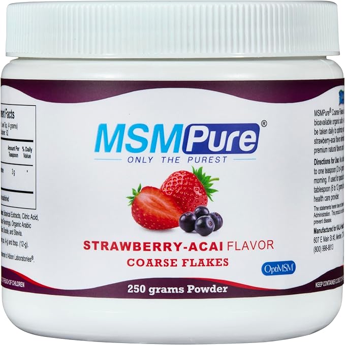 KALA HEALTH MSMPure Strawberry Acai Flavored Coarse MSM Powder Flakes – US-Made MSM for Joint Health Skin Appearance and Hair &amp Nail Support – 8.8 oz Organic Sulfur