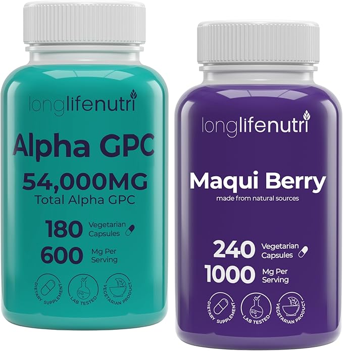 LongLifeNutri Alpha GPC 600 mg &amp Maqui Berry 1000 mg Bundle – 180 + 240 Veg Caps 3 &amp 4 Month Supplies Choline &amp Superfruit Antioxidant Support Non-GMO GMP Certified Made in USA