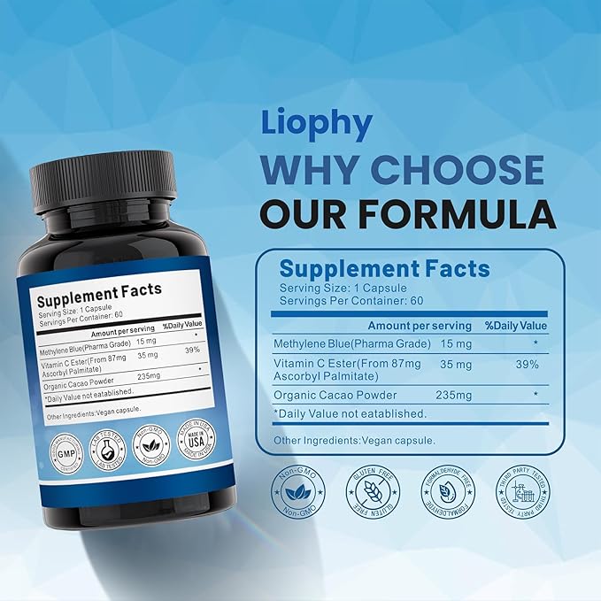 Methylene Blue Capsules — Premium Quality Methylene Blue with Vitamin C Ester Dietary Supplement 60 Easy‑to‑Swallow Capsules