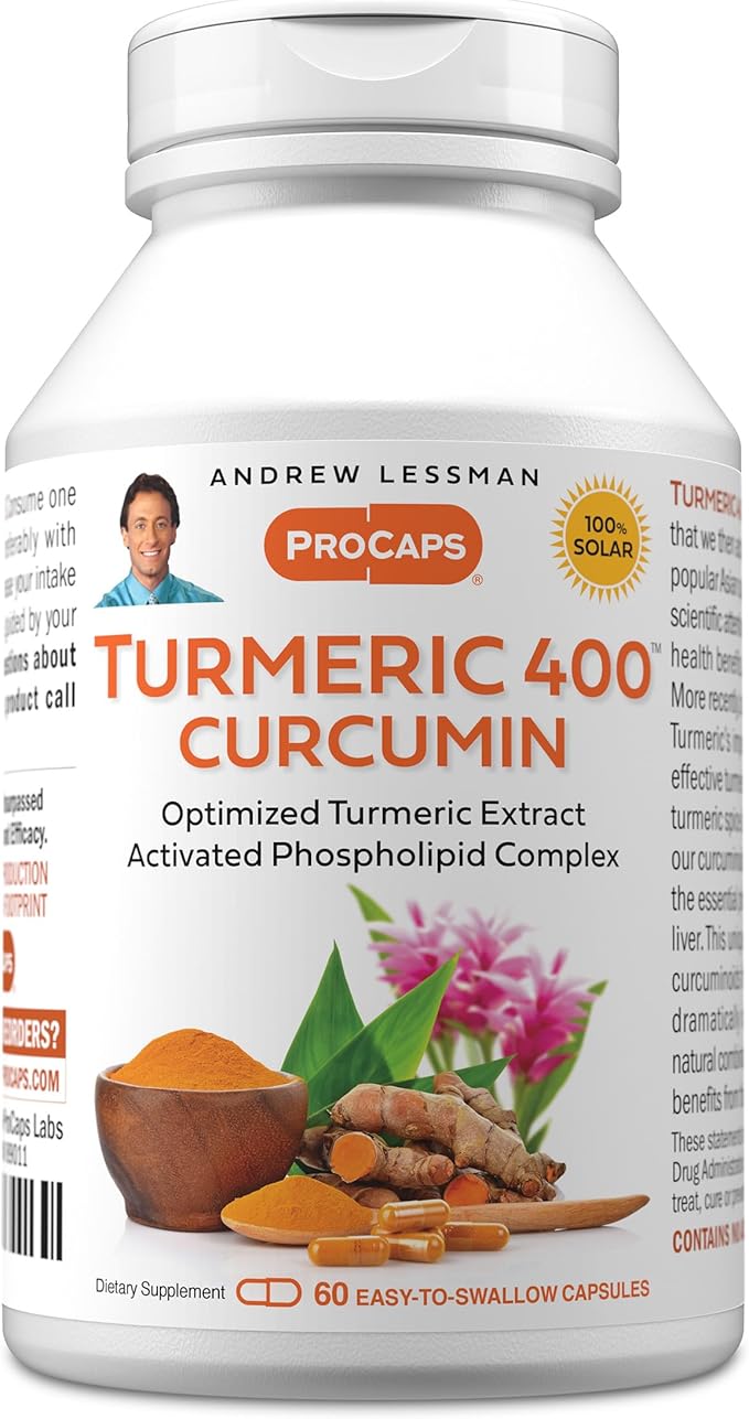 ANDREW LESSMAN Turmeric 400mg - 60 Capsules - 95% Curcuminoids as Phospholipid Complex for Optimum Benefits and Absorption High Potency Standardized Extract Small Easy to Swallow Capsules