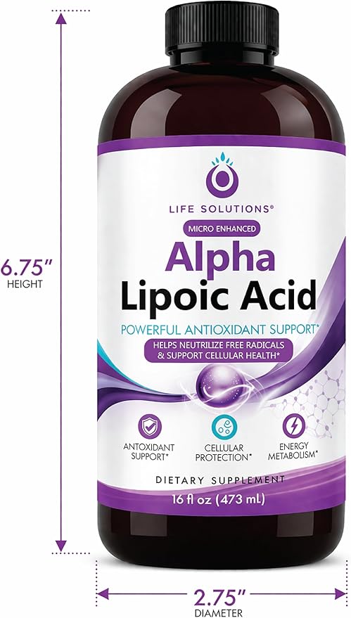 Life Solutions Liquid Alpha Lipoic Acid Supplement 50 mg – Antioxidant Support for Nervous System Function &amp Cellular Energy Metabolism – Easy-to-Take Liquid – 16 oz Bottle