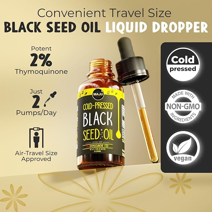 Maju Superfoods Black Seed Oil - 3 Times TQ Cold-Pressed Travel Size 100% Turkish Black Cumin Seed Oil Liquid Pure Blackseed Glass Bottle 2 Oz