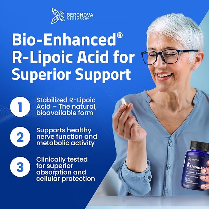 Geronova Research Bio-Enhanced R-Lipoic Acid 600 mg Capsules - 6 Month Supply - Stabilized R Alpha Lipoic Acid with Enhanced Absorption - R Lipoic Acid Supplement - 360 Count
