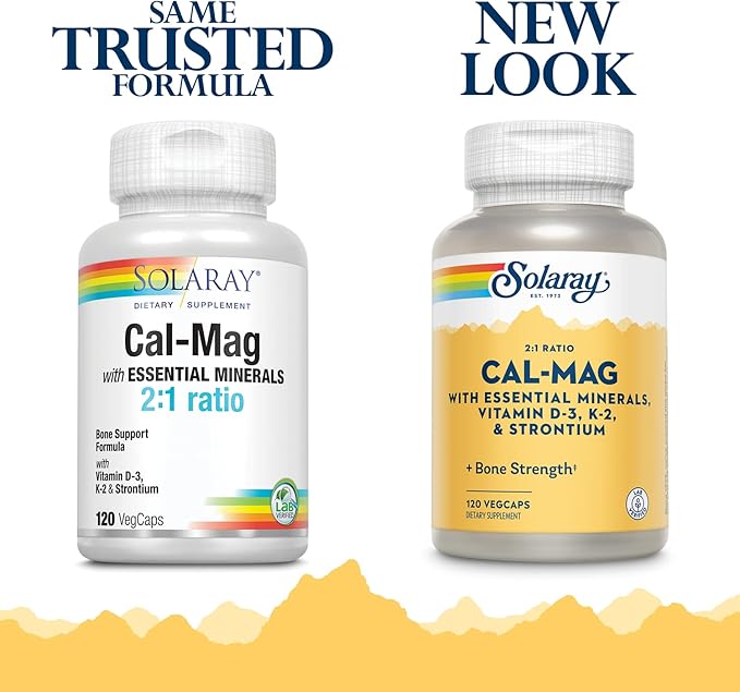 Solaray Cal-Mag with Essential Minerals | Calcium Magnesium Strontium Vitamins D-3 &amp K-2 | 30 Serv | 120 VegCaps