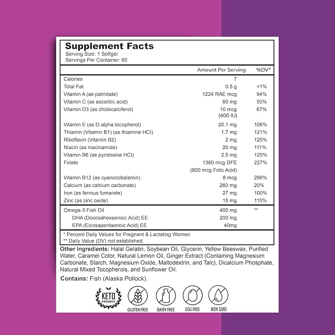 Halal Prenatal Vitamins + DHA Folic Acid Iron Ginger for Soothing One Daily for All Pregnancy Stages Gluten Free Non-GMO 60 Softgels 2 Months Supply USA Made Halal Vitamins