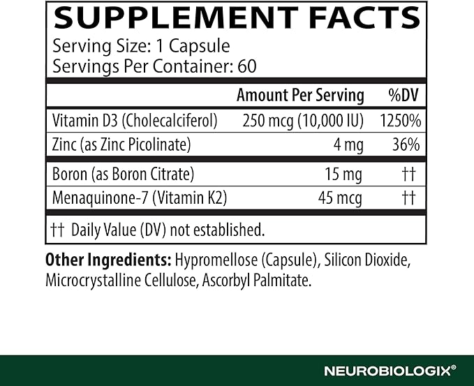 Neurobiologix Vitamin D3 + K2 Cofactor Complex High Potency 10000 IU Vitamin D3 K2 MK-7 Zinc &amp Boron Bone Strength Cardiovascular Sup 60 Capsules