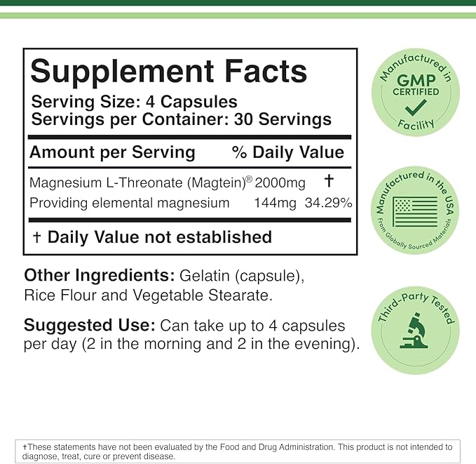 Magnesium L Threonate Magtein Sleep and Cognitive Support – High Absorption – Most Bioavailable Form of Magnesium – 2000 mg – 120 Capsules