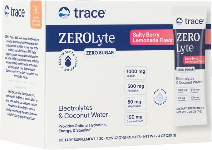 Trace Minerals ZeroLyte Salty Berry Lemonade Flavor - Sugar Free Electrolyte Drink Mix - Supports Hydration Energy Stamina - Ancient Sea Salt Full Spectrum Minerals Coconut Water - 30 Packets
