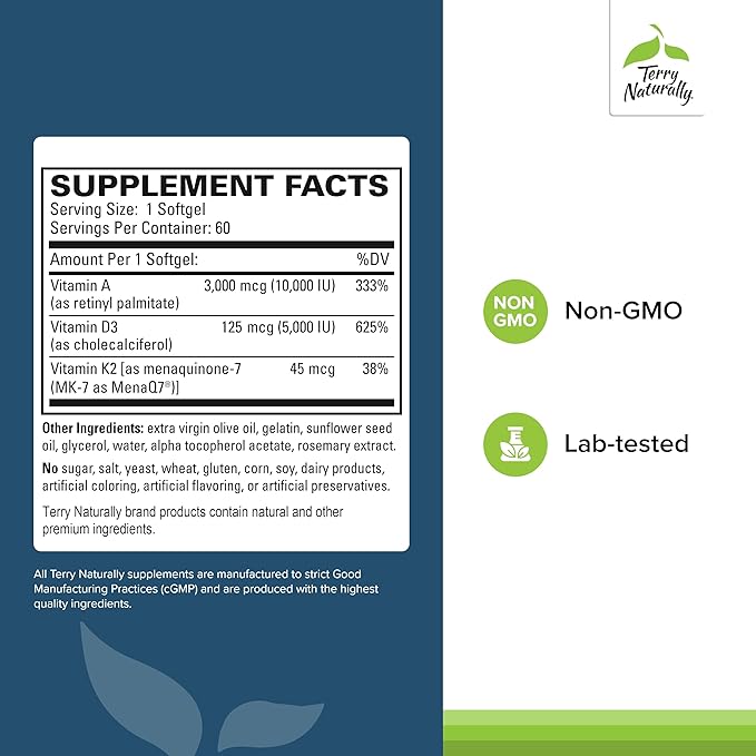 Terry Naturally A•D3•K2 - Healthy Supplement for Immune Support Heart Health &amp Bone Support - Supplement for Strong Bones &amp Healthy Heart - Includes Vitamins A D3 &amp K2-60 Softgels (60 Se
