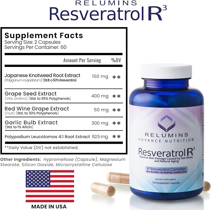Relumins Resveratrol 600mg Supplement – High-Potency Antioxidant with Grape Seed &amp Red Wine Extract – Supports Skin Heart Health &amp Immune System – 120 Vegan Capsules x 3 Bottles
