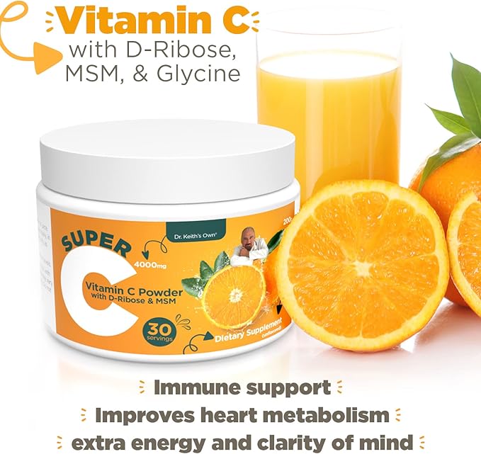 Dr. Keith's Own Super C - High Dose 4000mg Buffered Vitamin C Powder with D-Ribose Glycine MSM - Highly Absorbable Stomach-Friendly Daily Immune Support - Unflavored 200 Grams Each (3 Pack)