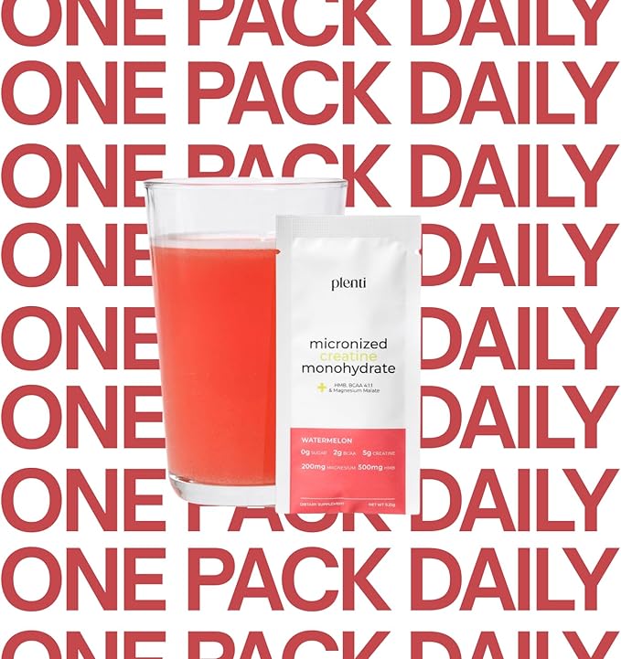plenti Watermelon Creatine Monohydrate Powder – 30 Individual Sachets – 5g per Serving – Sugar Free