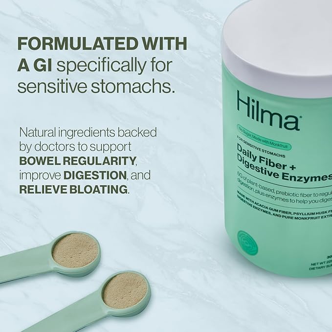 Hilma Daily Fiber and Digestive Enzymes Fiber Supplement Powder with Prebiotics and Enzymes Formulated with Psyllium Husk and Acacia Gluten Free Vegan FSA Eligible Digestive Support 30 Servings