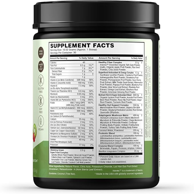 TERRA ORIGIN Healthy Greens Powder Blend | Superfoods Probiotics Enzymes Spirulina | for Immune &amp Digestive Gut Health Support | Energy &amp Wellness Boost | 30 Servings (Kiwi Strawberry)