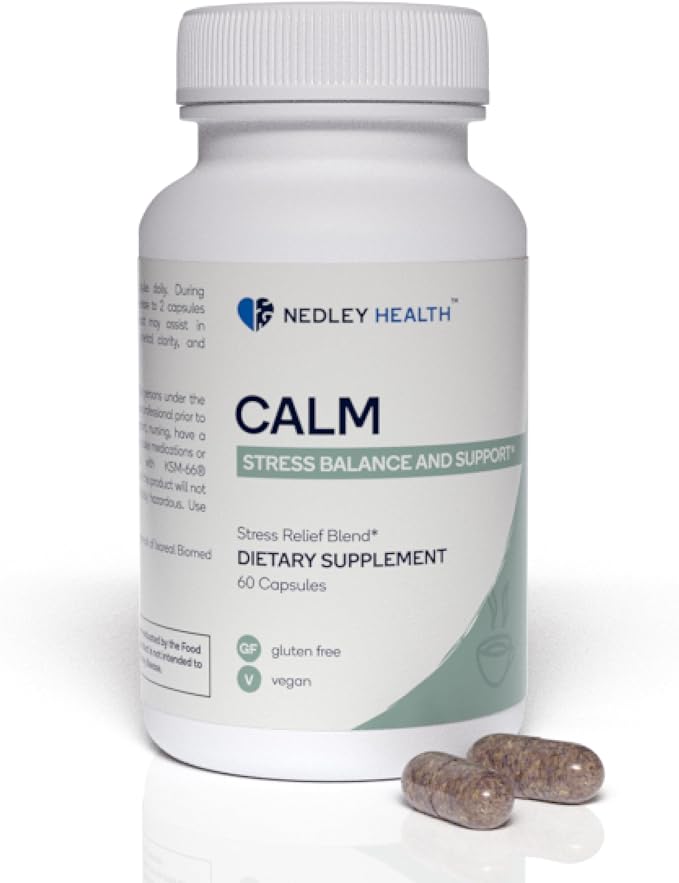 Calm - Natural Stress Relief &amp Mood Support Supplement - Ashwagandha Lemon Balm L-Theanine - 60 Vegan Capsules (Calm)