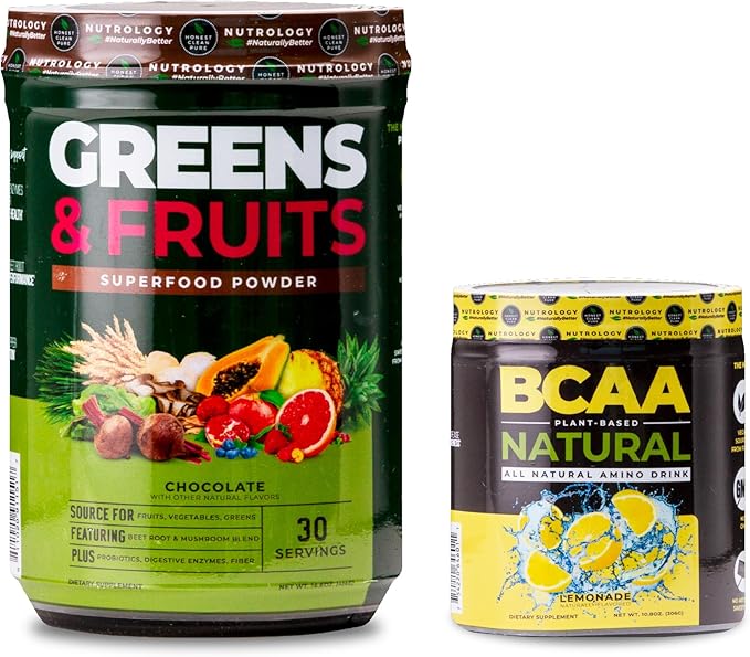 Nutrology Greens &amp Fruits Powder-Naturally Sourced Superfood Chocolate (30 Servings) BCAA Natural Plant Based BCAA Powder Lemonade Flavor (30 Servings)