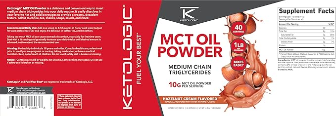 Ketologic MCT Oil Powder Hazelnut Cream (1 LB) – Keto Coffee Creamer &amp Energy Support – 41 Servings of Medium Chain Triglycerides for Focus &amp Fuel