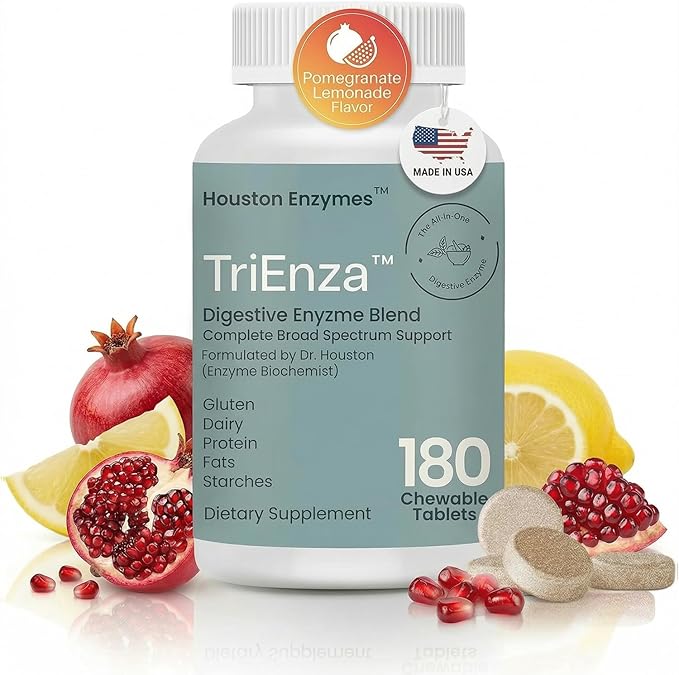 Houston Enzymes TriEnza - Digestive Enzyme Supplement for Gluten Casein Soy Proteins Carbohydrates Fats &amp Polyphenols - Digestive Enzymes for Women &amp Men (180 Chewable Tablets)