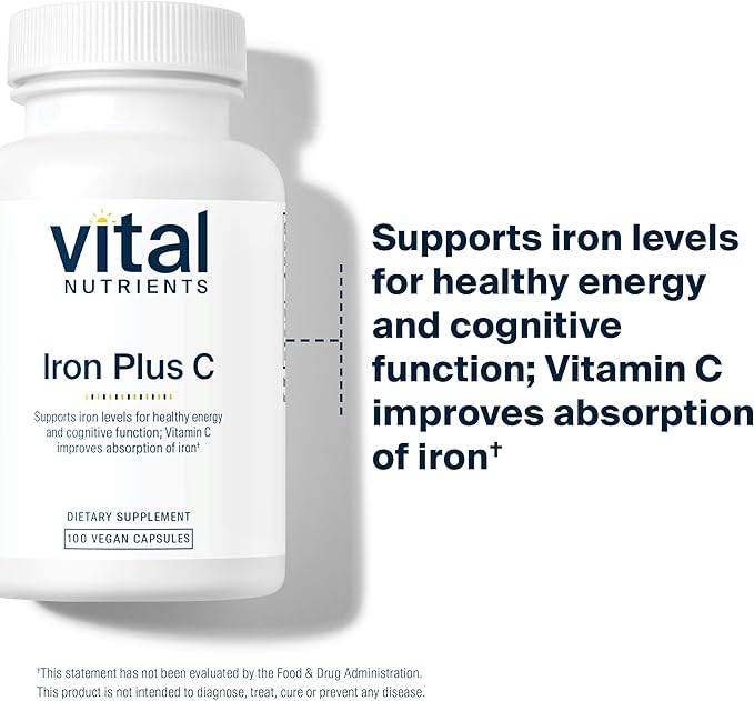 Vital Nutrients Iron Plus C - Vegan Iron Supplement - 20mg Fe with 200mg Vitamin C to Increase Fe and Energy Levels - Gluten Dairy Soy Free - Non-GMO - 100 Capsules