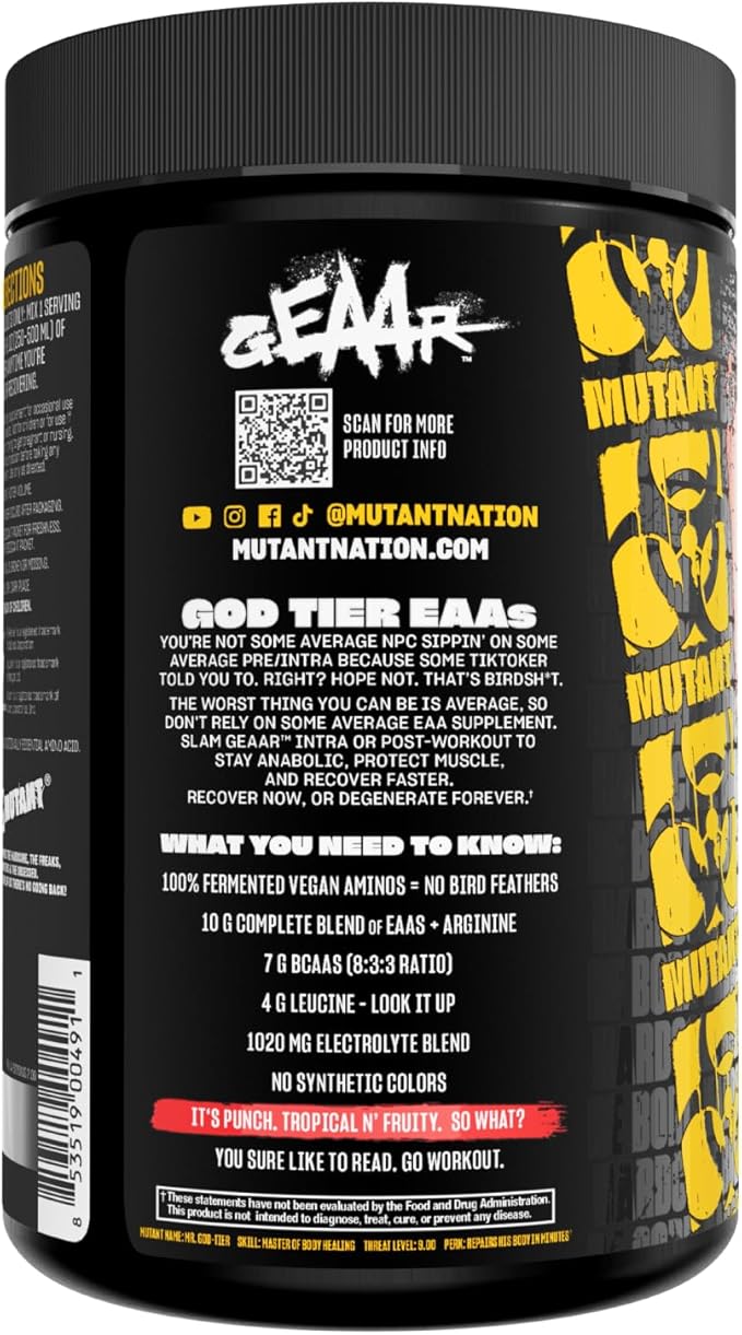 Mutant GEAAR - 9.4g of EAA Powder + Arginine 7g BCAAs 4g Leucine Electrolytes Coconut Water 30 Servings - Fruit Punch