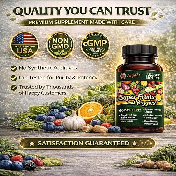 Premium Super Fruits and Veggies Supplement - 36 Whole Food Extracts - Advanced Digestive Health &amp Immune Support - One Capsule Daily - Made in USA - 60-Day Supply