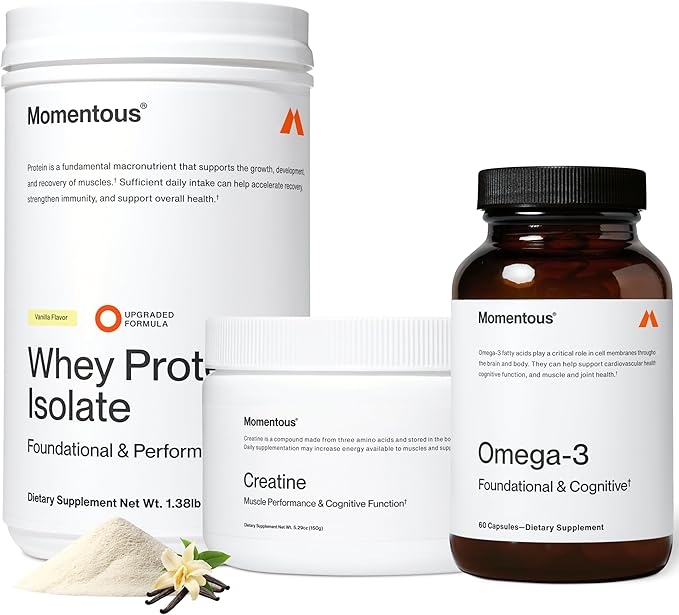 Momentous Three - Creatine Monohydrate Powder (30 Servings) Grass-Fed Whey Protein Powder (Vanilla) &amp Omega-3 Fish Oil 1600mg - Daily Essentials for Strength Performance &amp Lean Muscle Recove
