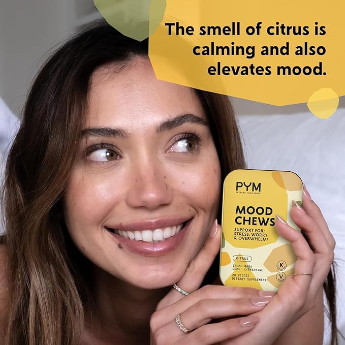 PYM Citrus Mood Chews Support for Stress Worry &amp Overwhelm 60 Count | 130mg GABA 90mg L-Theanine | Vegan Non-GMO Gluten-Free No Added Sugar | All-Natural Mood Balance Supplement Made in USA