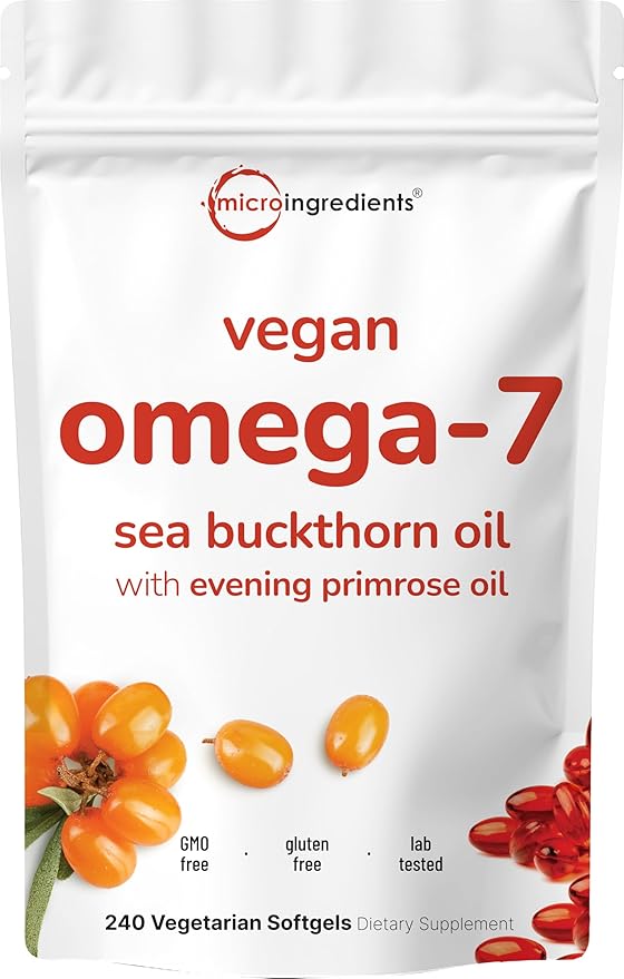 Vegan Omega-7 Sea Buckthorn Oil 240 Vegetarian Softgels | 2-in-1 with Evening Primrose Oil | Plant Based Botanical Oil Blend | Non-GMO Gluten &amp Carrageenan Free
