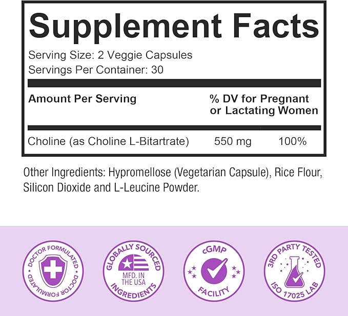 Premom Prenatal Choline Bitartrate Supplement: 550mg for Cognitive Development Meet Daily Needs– Nutritional Support for Pregnancy &amp Metabolism Baby Brain Development – 60 Capsules 30 Days Suppl