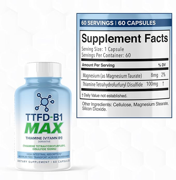 MaxLife Naturals TTFD Thiamine B1 Supplement – 60 Capsules High Potency Vitamin B1 Thiamine Supplement for Focus Supports Optimal Nerve Function TTFD-B1 Max Formula with Magnesium Made in USA