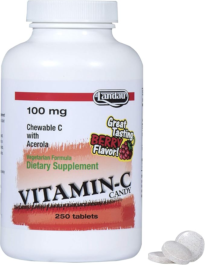 LANDAU 100mg Chewable Vitamin C Candy for Kids &amp Adults – Easy-to-Take Vitamin C Supplement with Acerola – Kosher &amp Made in The USA – Great Tasting Berry Flavor 250 Tablets