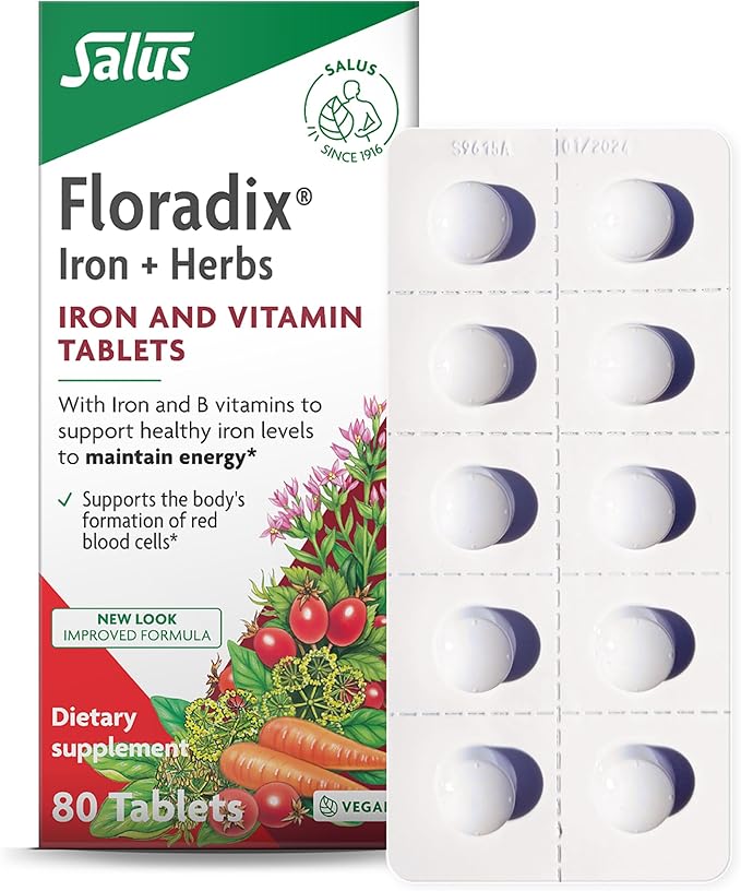 Floradix Iron Tablets - Iron Supplement with B Vitamins Folic Acid Vitamin C &amp More - Energy Support - Vegetarian &amp Gluten-Free - 80 Tablets (80 Servings)
