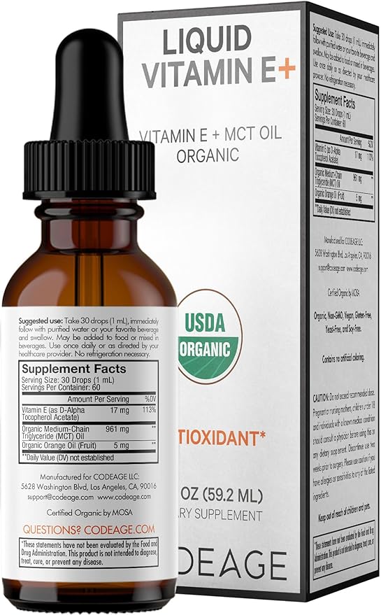 Codeage Liquid Vitamin E+ - USDA-Certified Organic Vitamin E - 2-Month Supply - D-Alpha Tocopherol Acetate Organic MCT Oil Orange Fruit Oil Unflavored Non-GMO Vegan Gluten-Free 2 fl oz