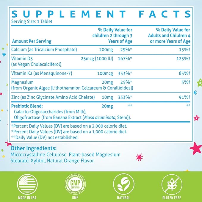 ChiQwench 500 MG Calcium Supplement with Vitamin D3 &amp K2 Zinc Magnesium &amp Prebiotics. Kids Vitamins for Kids' Height. Bone Strength High Absorption Orange Chewables Non-GMO Gluten Free
