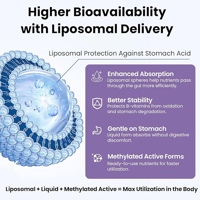 Liposomal Vitamin B Complex Liquid Sublingual B Complex Vitamins Supplement for Women Men Improved Absorption Methylated B12B1 B2 B3 B5 B6FolateBiotin for Energy And Immune Support-8.0 oz