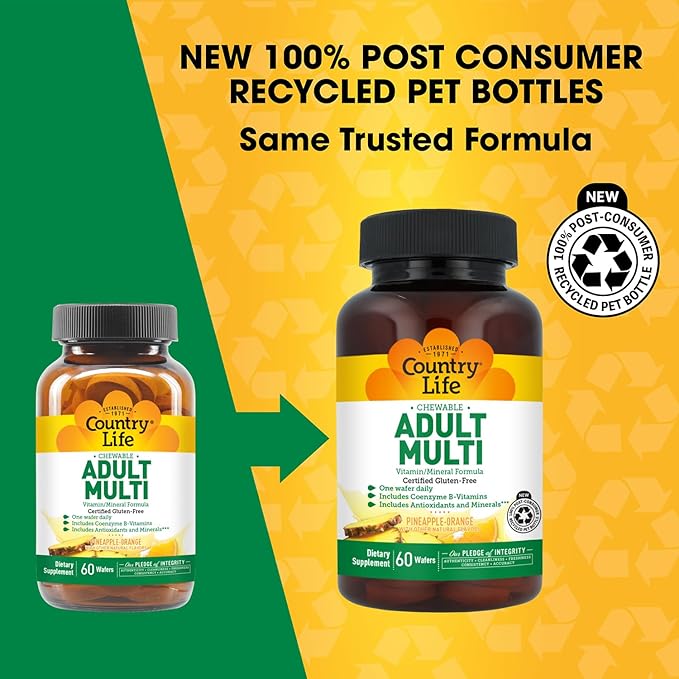 Country Life Adult Chewable Multivitamin with Coenzyme B-Vitamins Antioxidants Minerals Pineapple-Orange Flavor - Supports Energy Metabolism and Immune Health Gluten Free - 60 Wafers
