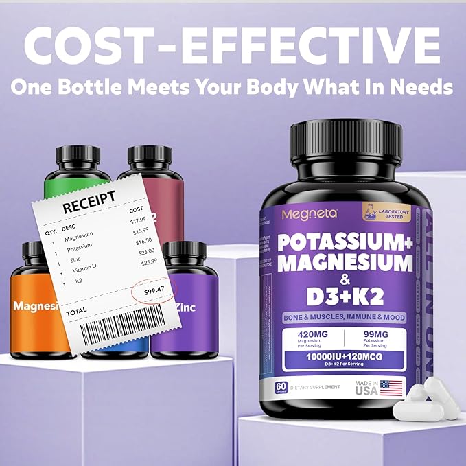 High-Potency Vitamin D3 10000IU K2 (MK-7) Potassium Magnesium Supplement - Advanced Synergistic Complex for Bone Immune Health Mood Balance &amp Energy Support