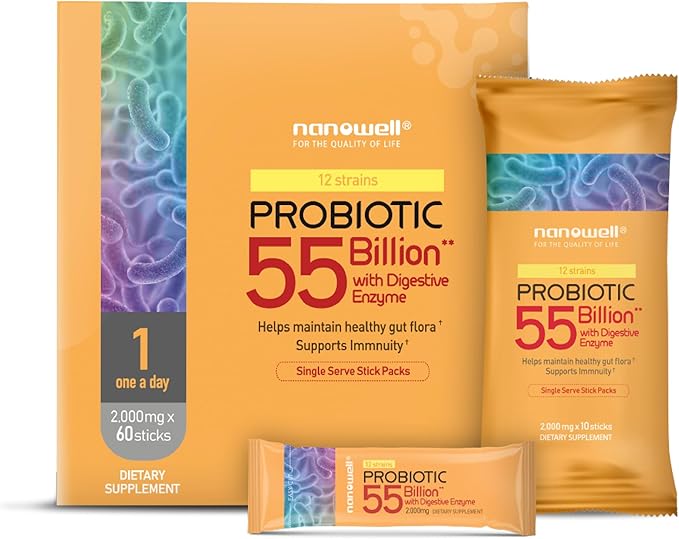 NANOWELL Probiotic 55 Billion with Digestive Enzyme 60 Sticks X 3 Boxes - Digestive Health Supplement for Immunity Healthy Gut Flora Prebiotics and Postbiotics (180 Count)