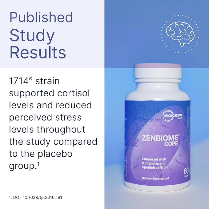 Microbiome Labs Zenbiome COPE - Probiotic Mood Support Supplement with Vitamin B6 B12 &amp Saffron Extract - Gut Health Probiotics for Women &amp Men - Support The Gut-Brain Axis (60 Capsules)