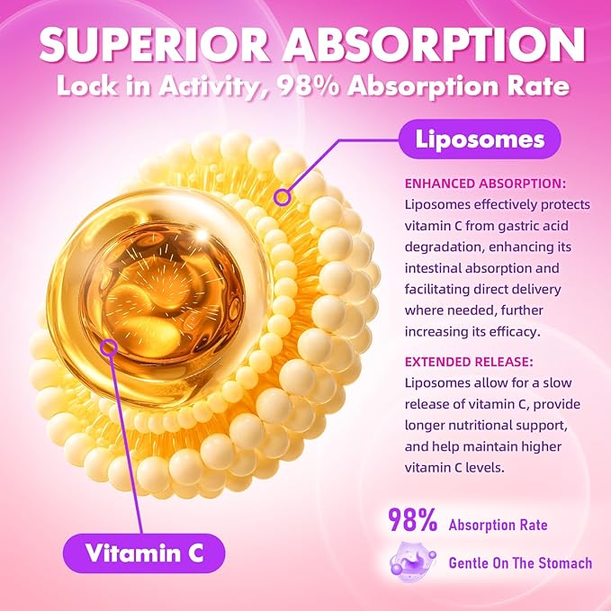 2 Pack Liposomal Vitamin C 1000mg Gummies for Adults Kids 1500mg Chewable Vitamin C w/Iron Zinc &amp Elderberry - Immune Support &amp Energy Collagen Booster Raspberry 120 Count
