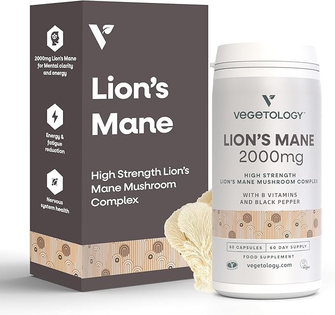 Lions Mane Supplement 2000mg High Strength Mushroom Complex with B Vitamins and Black Pepper Supports Mental Clarity Energy &amp Nervous System 60 Vegan Capsules Age 11+